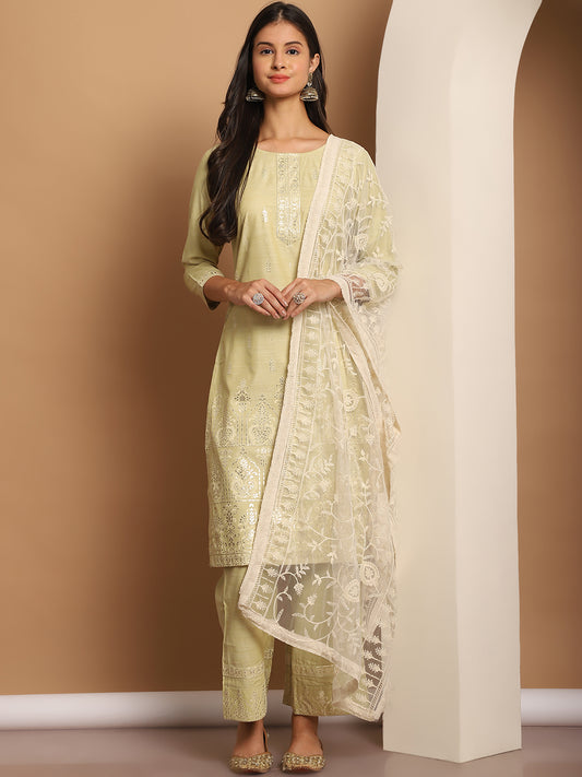 Foil Printed Kurta Set With Embroidered Dupatta ( ANKW PL D28C 1552 Pista )