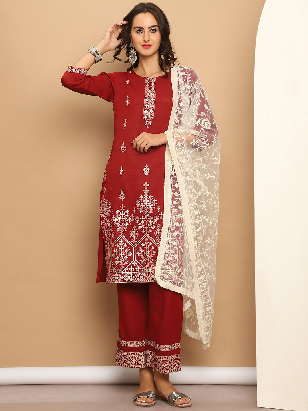 Foil Printed Kurta Set With Embroidered Dupatta ( ANKW PL D28C 1552 Red )