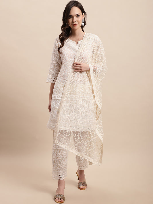 Embroidered Sequinned Kurti With Palazzos & Dupatta ( ANKW PL D28W 1520 Cream )