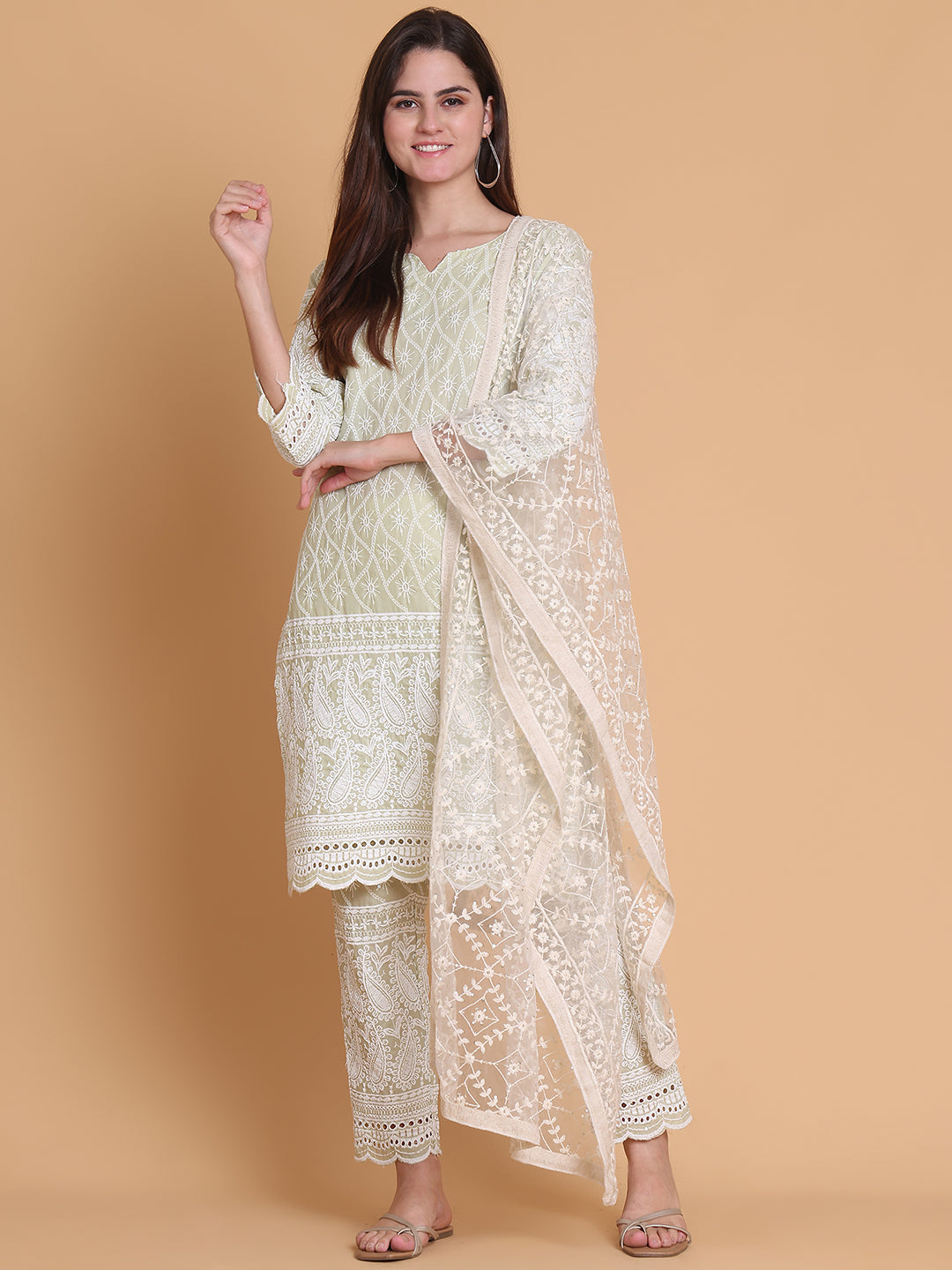 Embroidered Sequinned Kurti With Palazzos & Dupatta ( ANKW PL D28W 1520 Green )