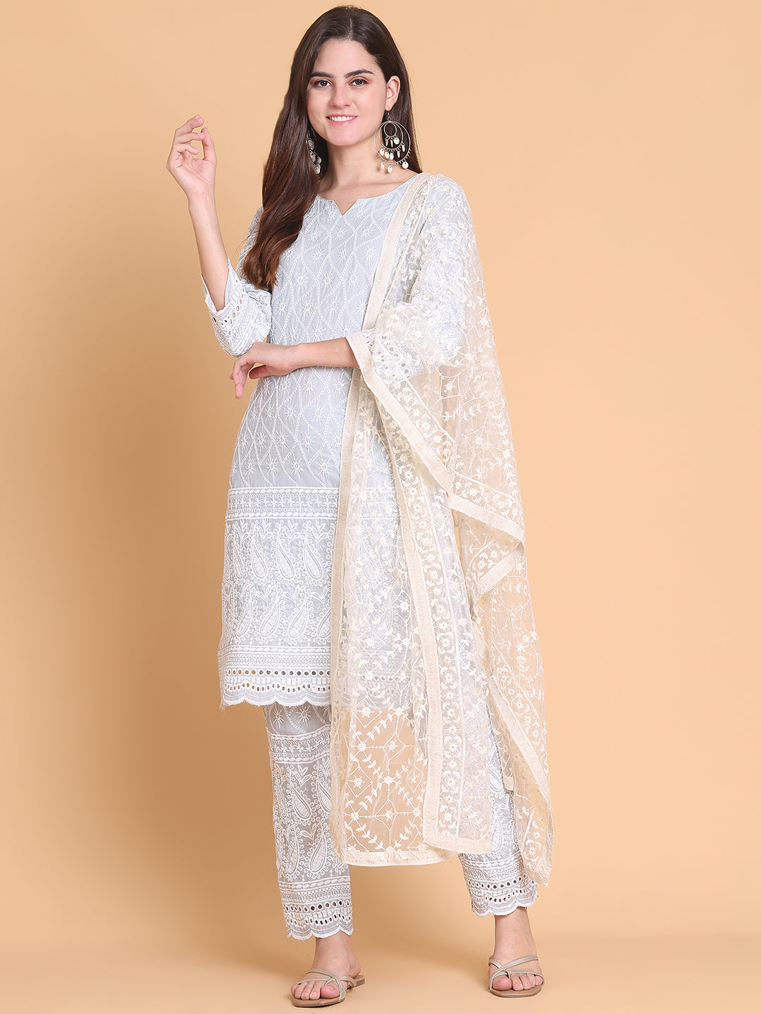 Embroidered Sequinned Kurti With Palazzos & Dupatta ( ANKW PL D28W 1520 Grey )