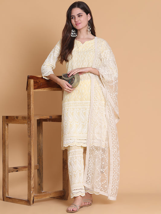 Embroidered Sequinned Kurti With Palazzos & Dupatta ( ANKW PL D28W 1520 Yellow )