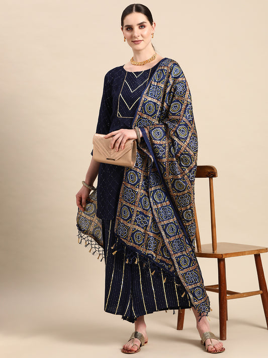 Sequin & Gota work kurta pallazos and dupatta set ( ANKW PL D37N 1475 Navy )