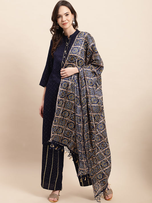 Women Purple Jacquard Silk Woven Design Straight Kurta Trousers ( ANKW PL D37N 1525 Navy )