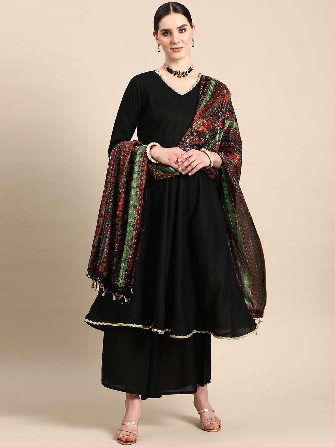 V-Neck Golden Gota Flared Kurta Set with printed dupatta ( ANKW PL D39B 1476 Black )