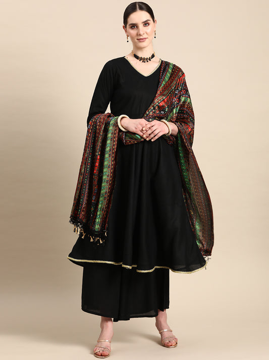 V-Neck Golden Gota Flared Kurta Set with printed dupatta ( ANKW PL D39B 1476 Black )