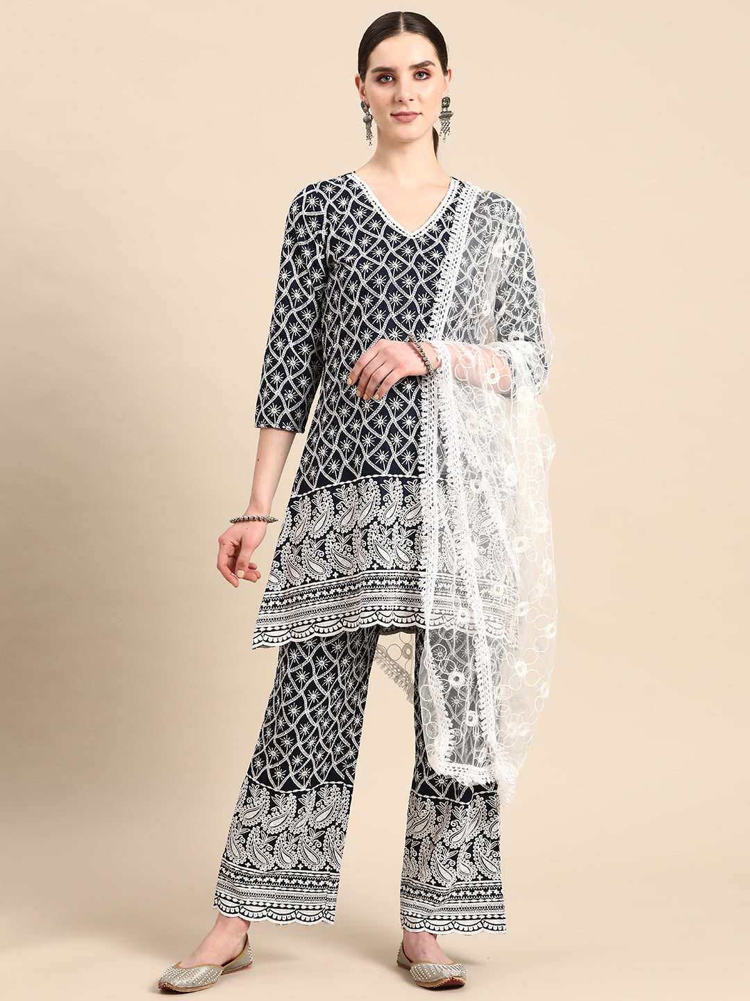 Women Navy Blue & White Ethnic Motifs Embroidered Sequinned Kurta With Palazzos & With Dupatta ( ANKW PL D42W 1478 Navy )