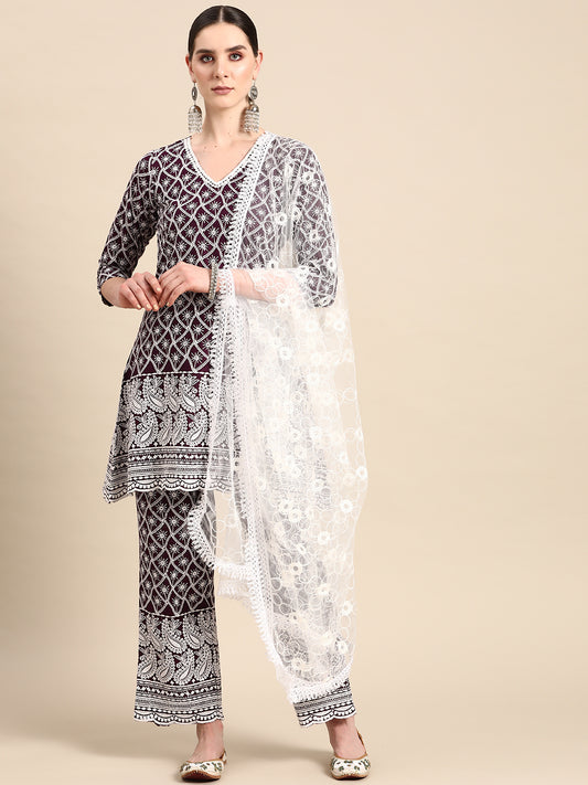 Women Purple & White Ethnic Motifs Embroidered Sequinned Kurta With Palazzos & With Dupatta ( ANKW PL D42W 1478 Purple )