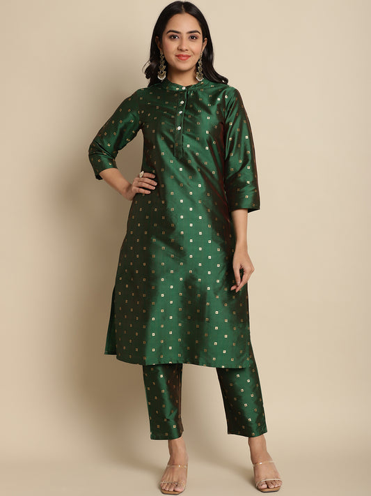 Women Green Jacquard Silk Woven Design Straight Kurta Trousers ( ANKW PS 1507 Green )