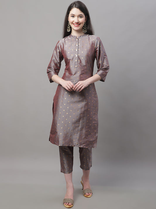 Women Grey Jacquard Silk Woven Design Straight Kurta Trousers ( ANKW PS 1507 Grey )