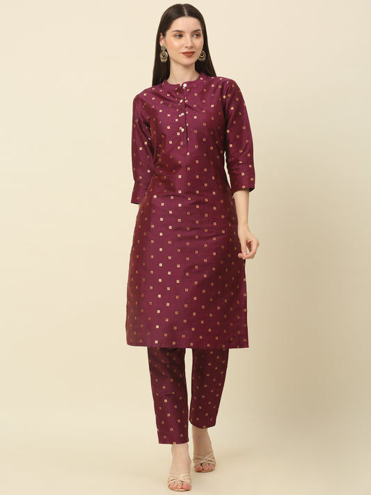 Women Purple Jacquard Silk Woven Design Straight Kurta Trousers ( ANKW PS 1507 Purple )
