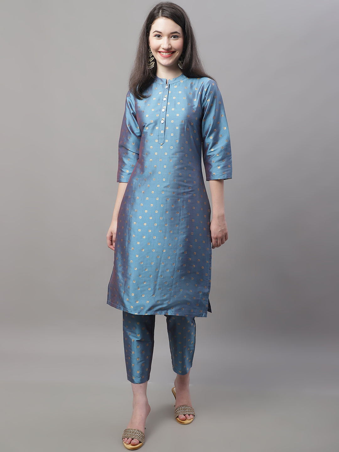 Women Sky Blue Jacquard Silk Woven Design Straight Kurta Trousers ( ANKW PS 1507 Sky )