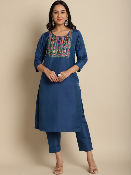 Women Blue Embroidered Straight Kurta With Trousers ( ANKW PS 1527 Blue )