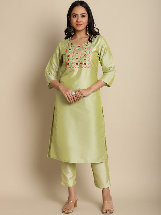 Women Green Embroidered Straight Kurta With Trousers ( ANKW PS 1527 Green )