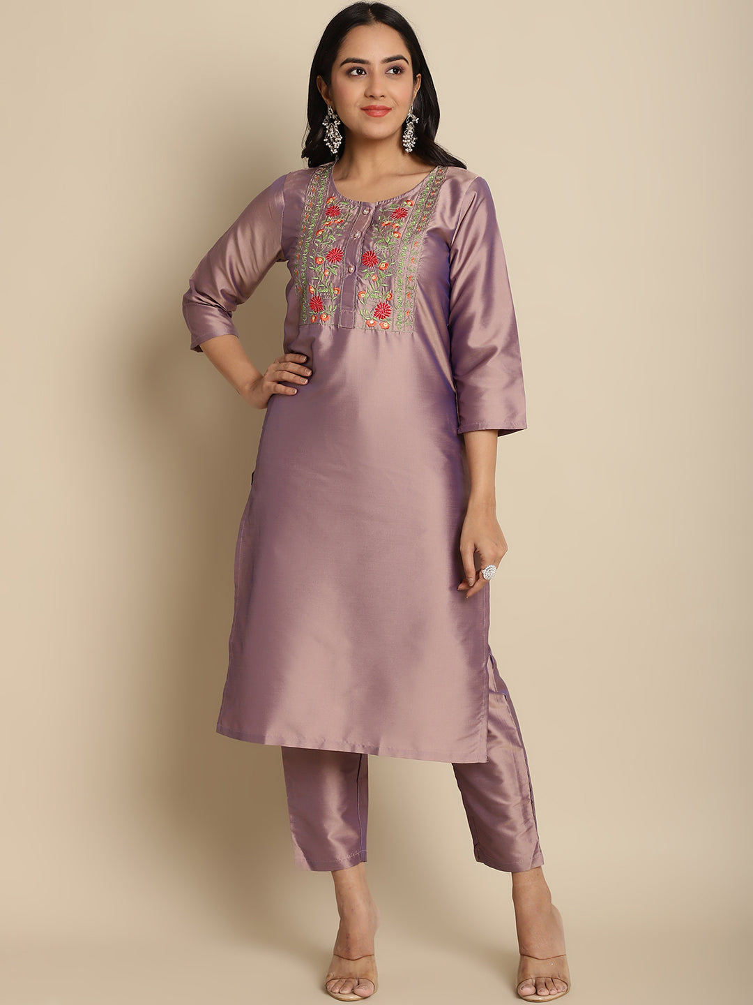 Women Purple Embroidered Straight Kurta With Trousers ( ANKW PS 1528 Purple )