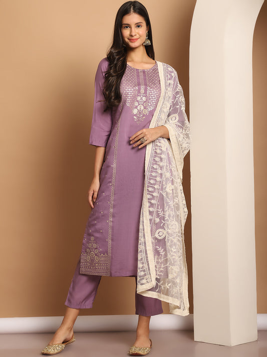 Foil Printed Kurta Set With Embroidered Dupatta ( ANKW PS D28C 1551 Purple )