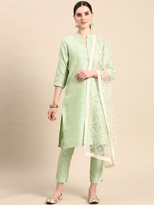Women Green Jacquard Woven Design Straight Kurta Trousers & Chikankari Dupatta ( ANKW PS D28W 1443 Green )