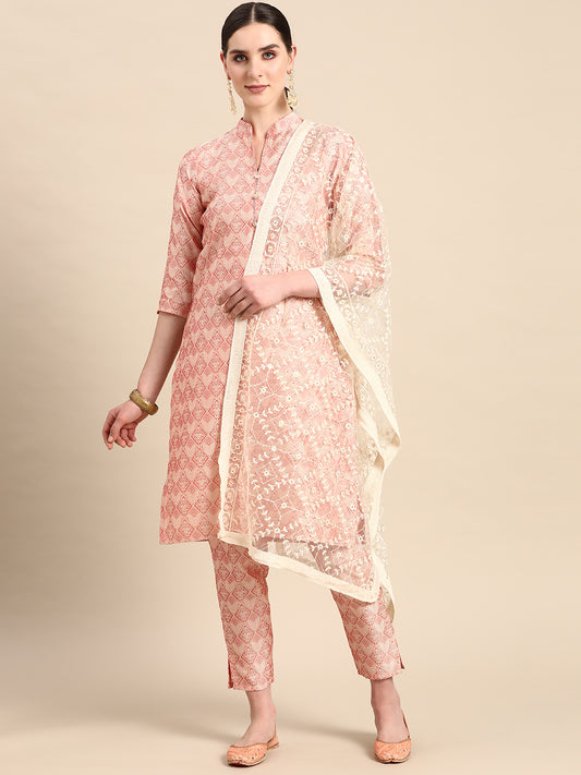 Women Pink Jacquard Woven Design Straight Kurta Trousers & Chikankari Dupatta ( ANKW PS D28W 1443 Pink )