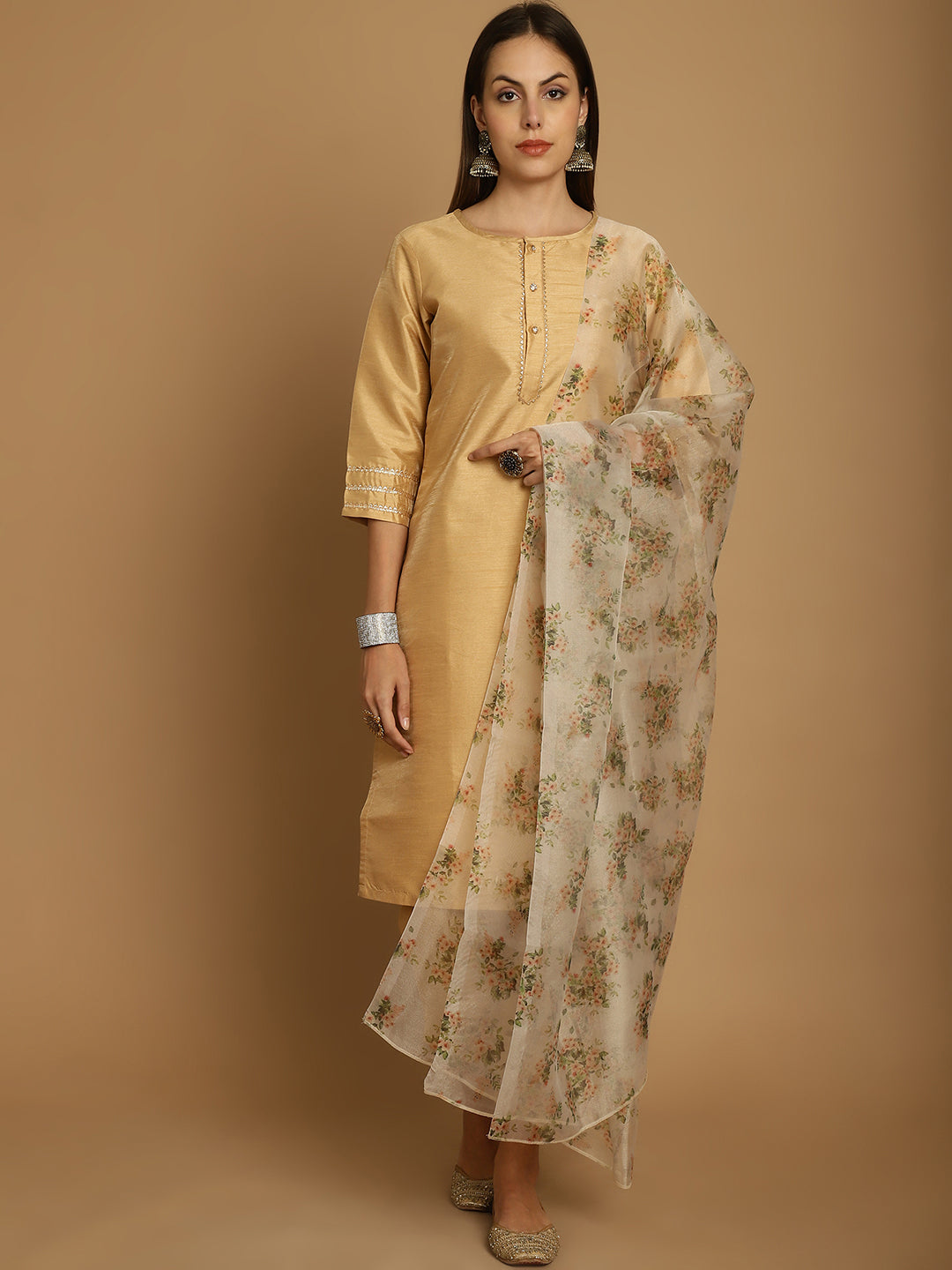 Golden Solid Silk Straight Kurta With Trousers & Dupatta ( ANKW PS D34Y 1533 Golden )