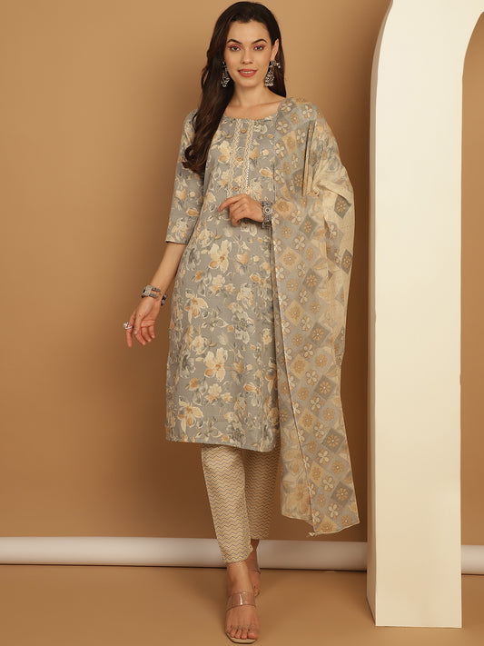 Grey Printed Straight Kurta With Trousers & Dupatta ( ANKW PS D 1548 Grey )