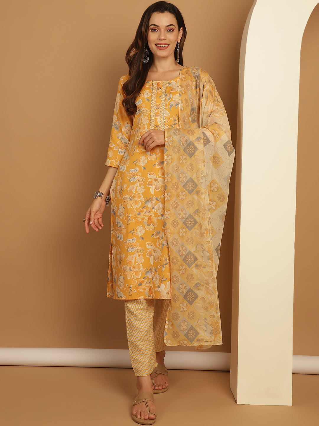 Mustard Printed Straight Kurta With Trousers & Dupatta ( ANKW PS D 1548 Mustard )