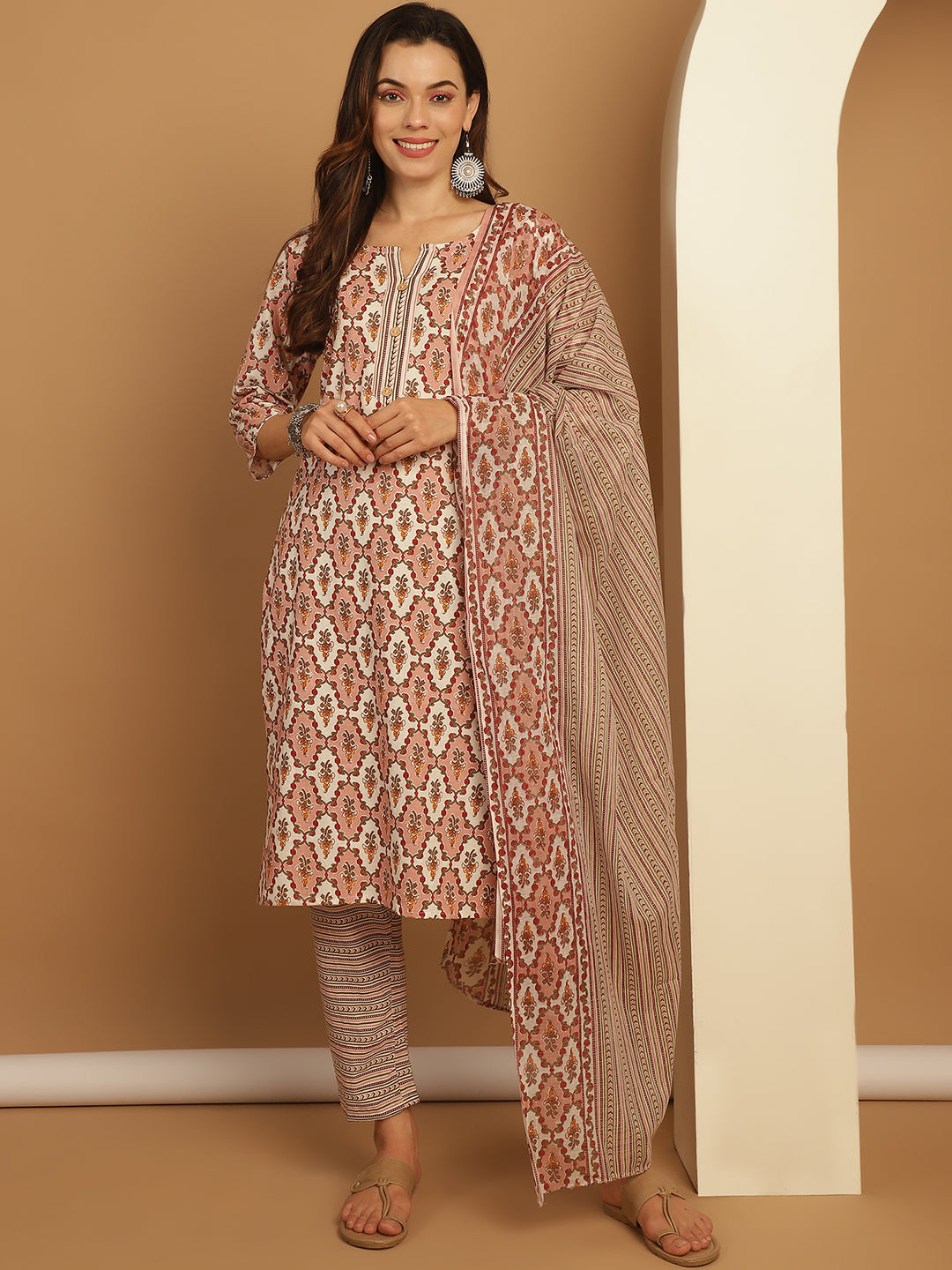 Pink Printed Straight Kurta With Trousers & Dupatta ( ANKW PS D 1549 Pink )