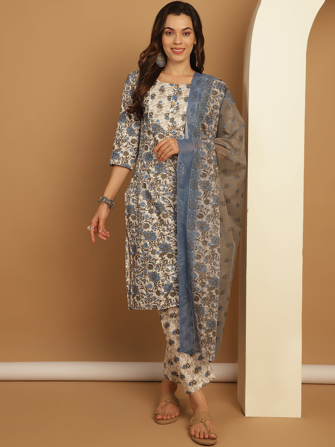 Blue Printed Straight Kurta With Trousers & Dupatta ( ANKW PS D 1550 Blue )