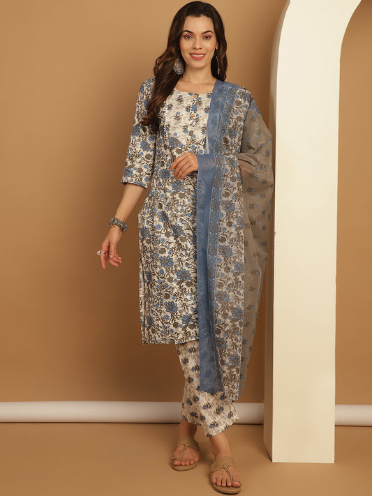 Blue Printed Straight Kurta With Trousers & Dupatta ( ANKW PS D 1550 Blue )