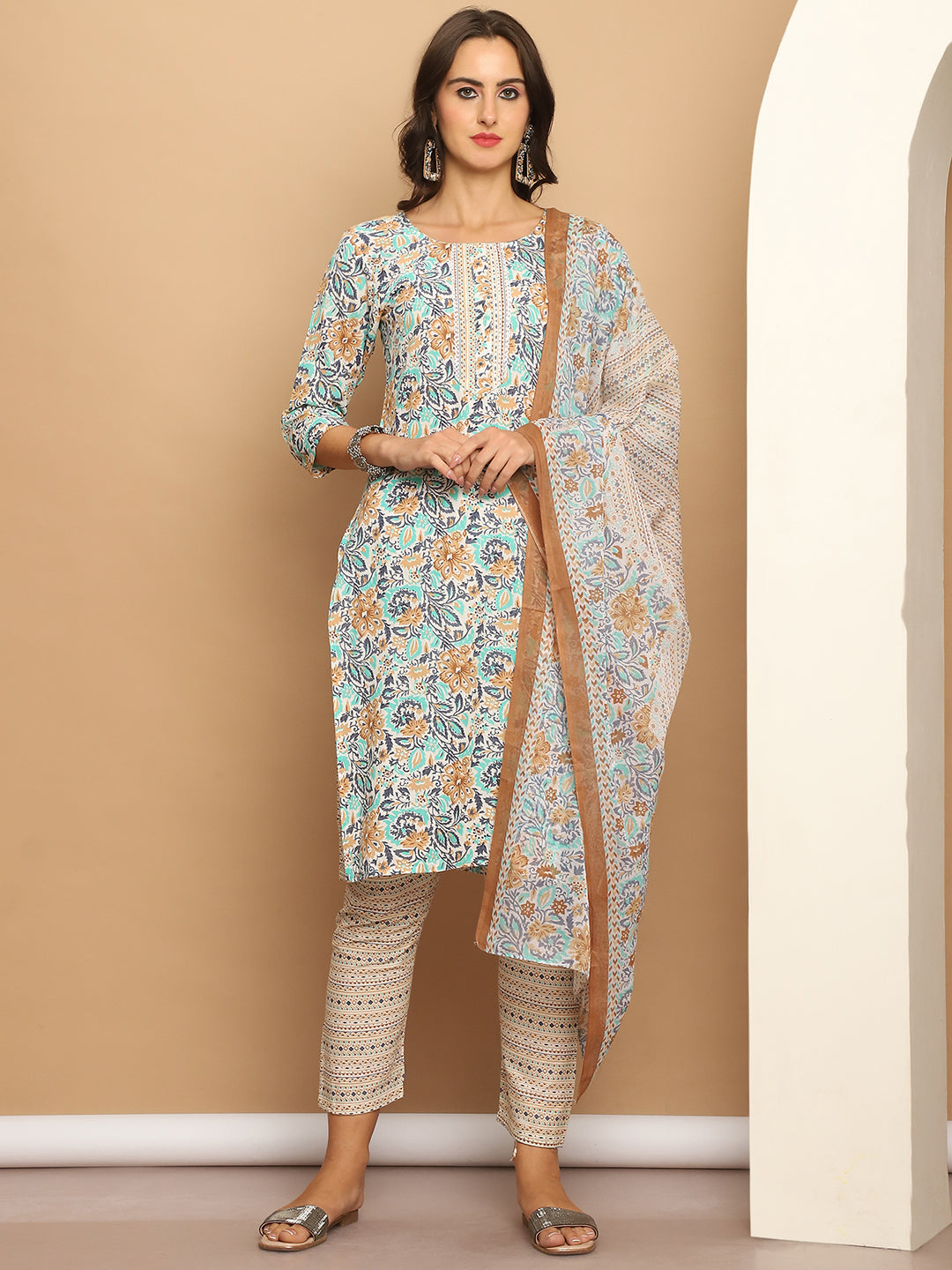 Floral Printed Straight Kurta With Trousers & Dupatta ( ANKW PS D 1559 Green )