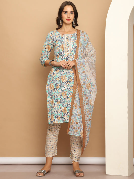 Floral Printed Straight Kurta With Trousers & Dupatta ( ANKW PS D 1559 Green )