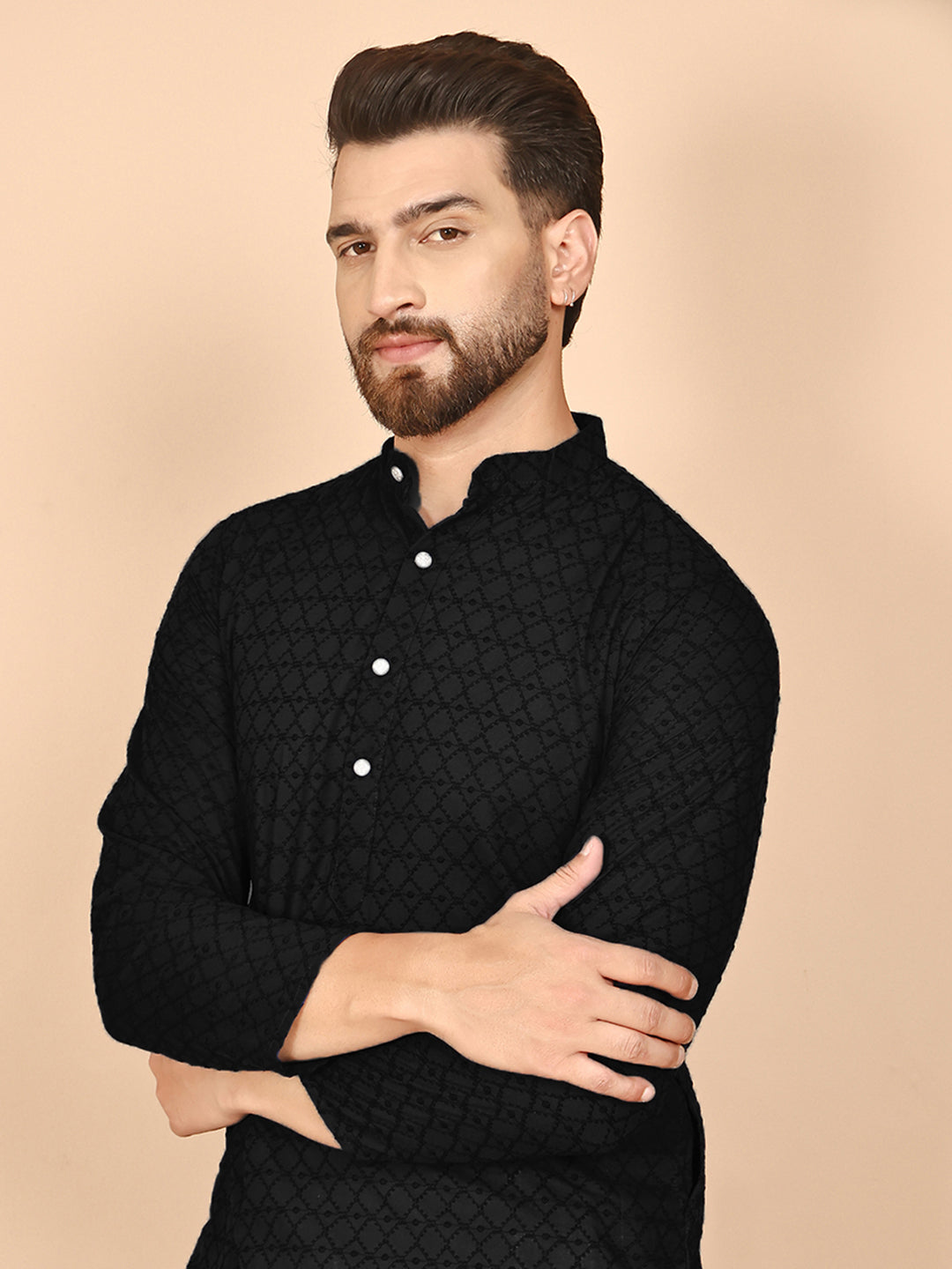 Men's Cream Embroidered Kurtas ( ANMKO 145Black )  [RT] [G-6-8]