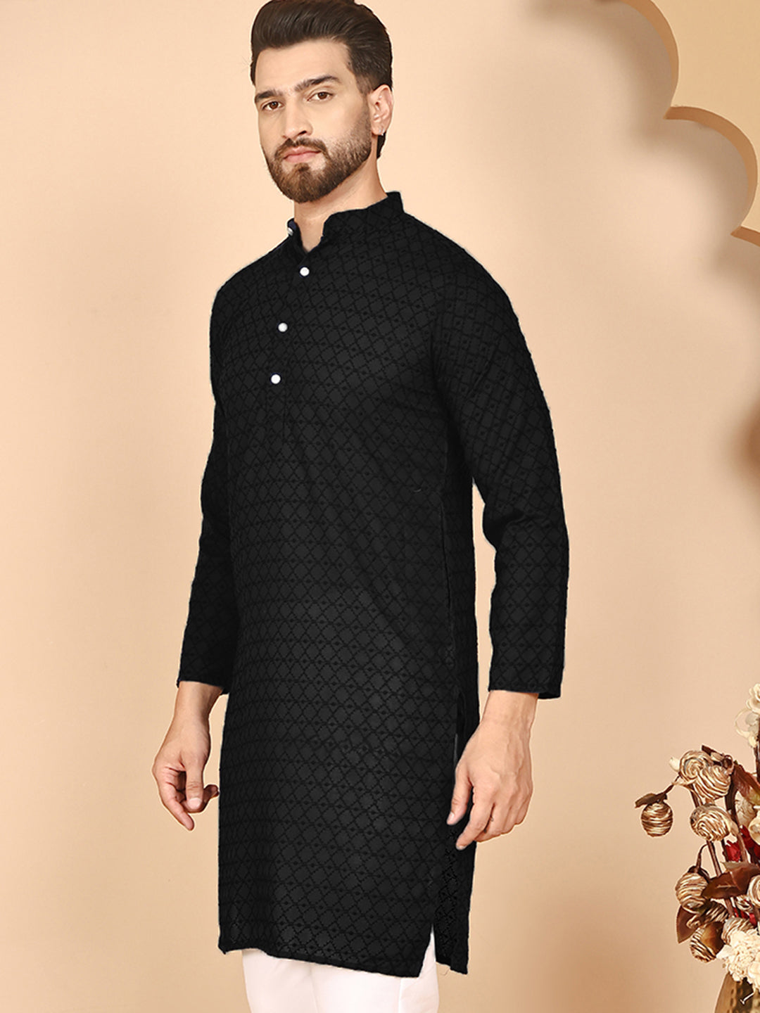 Men's Cream Embroidered Kurtas ( ANMKO 145Black )  [RT] [G-6-8]