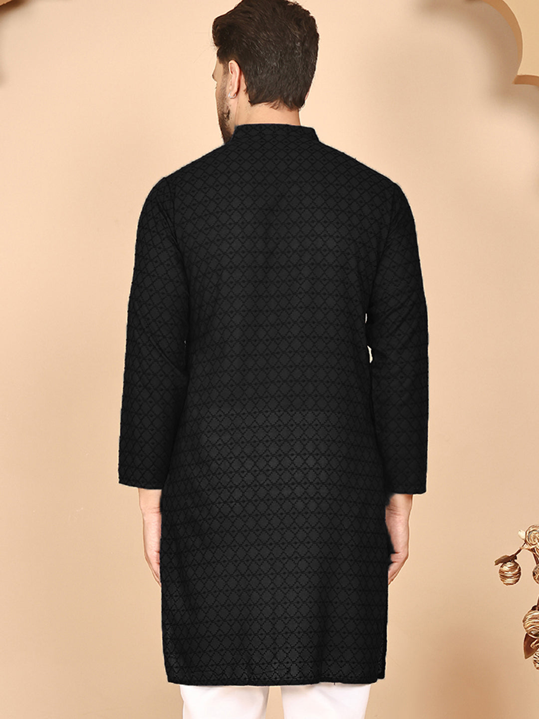 Men's Cream Embroidered Kurtas ( ANMKO 145Black )  [RT] [G-6-8]