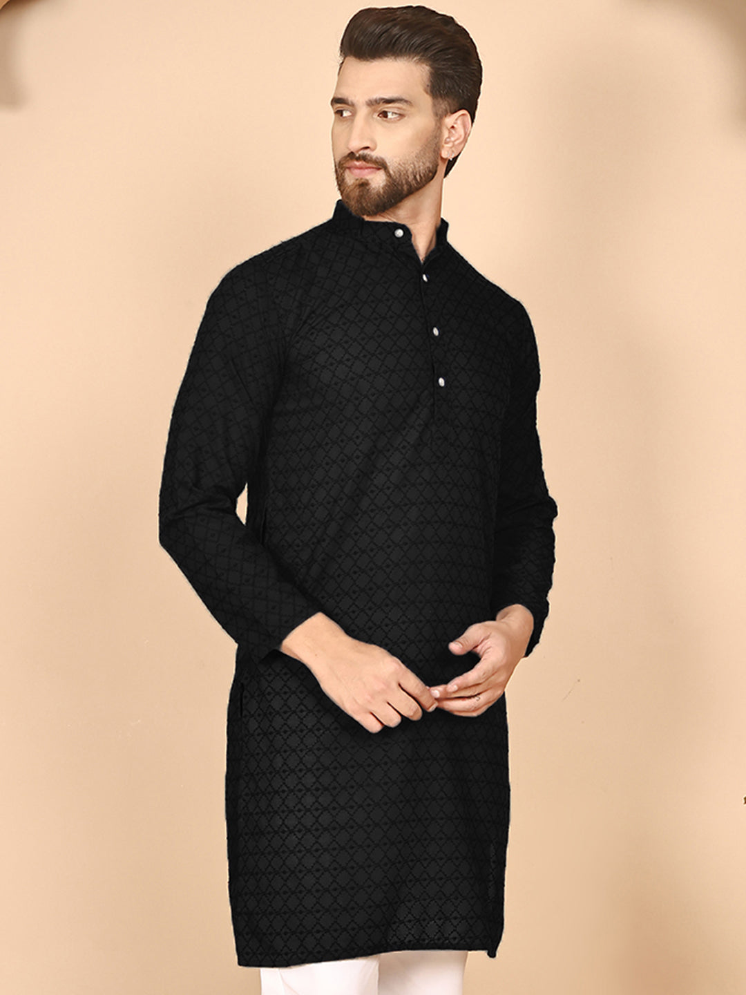 Men's Cream Embroidered Kurtas ( ANMKO 145Black )  [RT] [G-6-8]