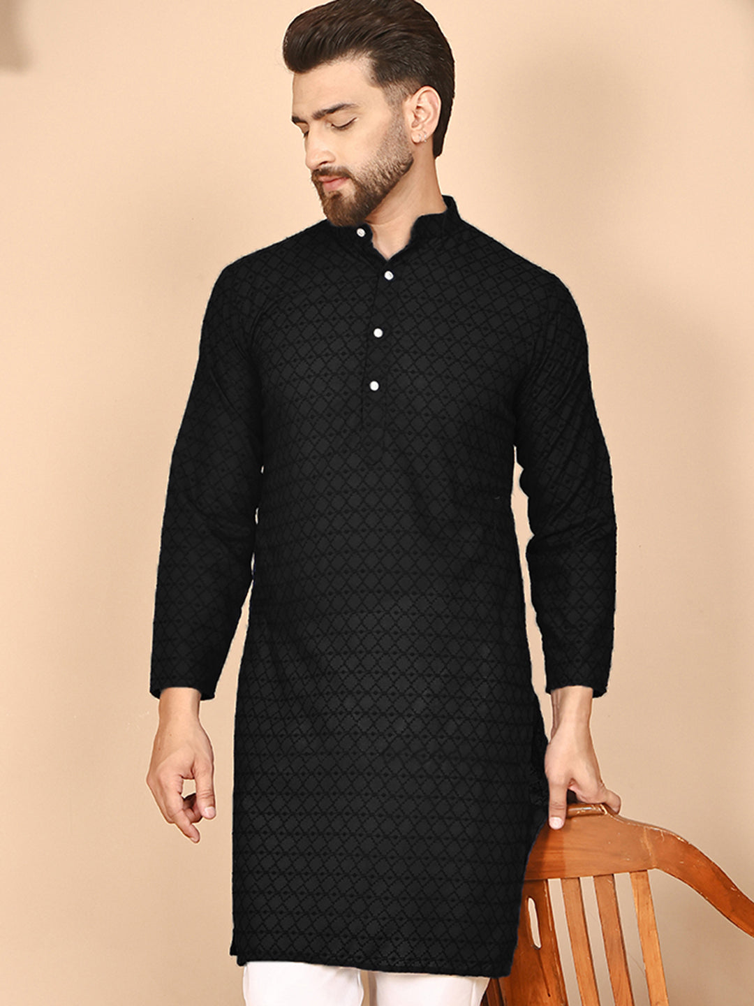 Men's Cream Embroidered Kurtas ( ANMKO 145Black )  [RT] [G-6-8]