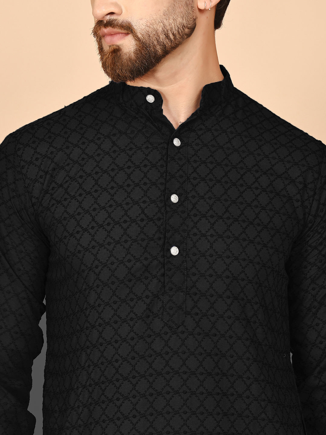 Men's Cream Embroidered Kurtas ( ANMKO 145Black )  [RT] [G-6-8]