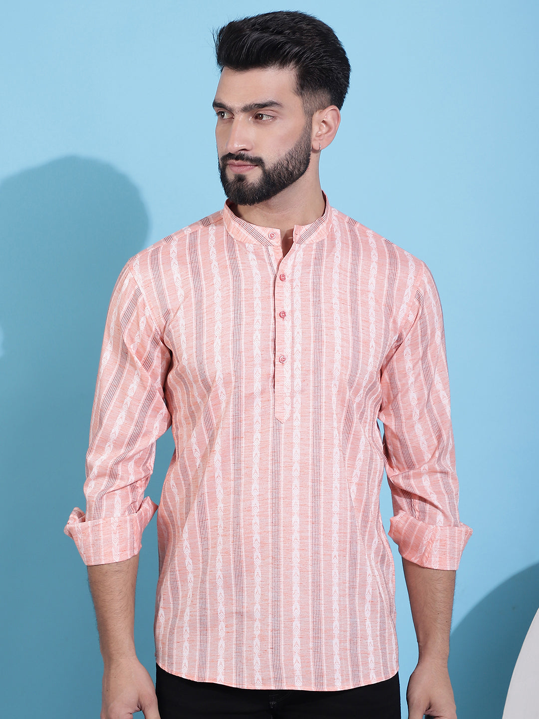 Coral Red Striped Short Kurtas ( ANMKO 157Coral )