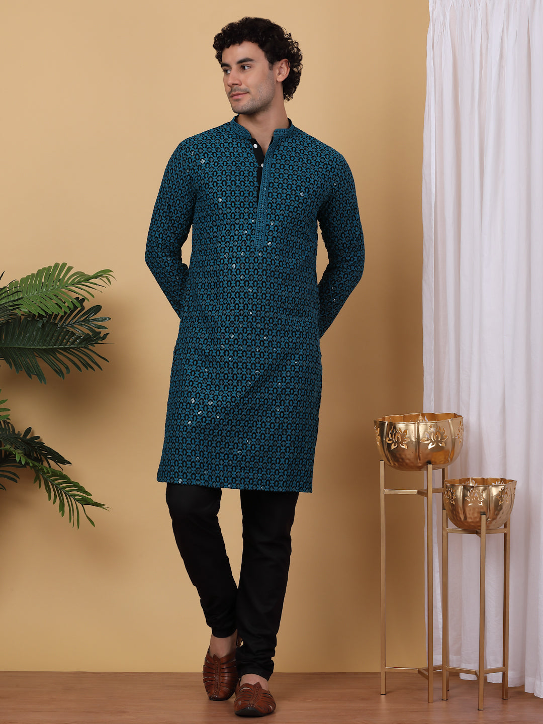 Embroidered and Sequinned Kurta with Pyjamas ( ANMKP B-P 171Blue )