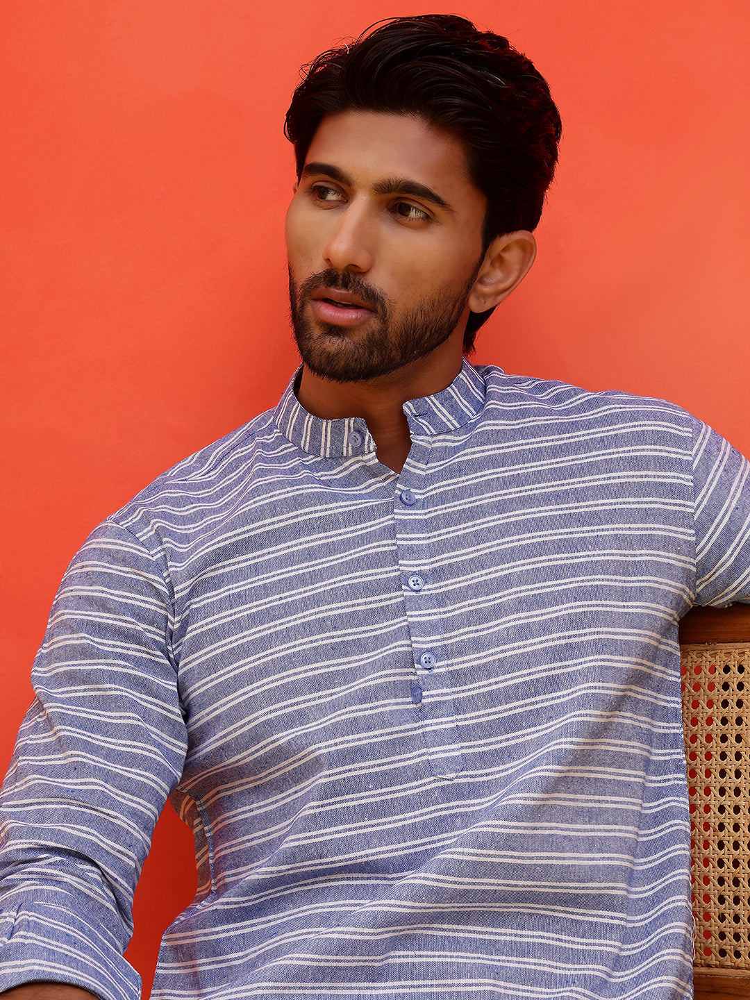 Men Striped Pure Cotton Straight Short Kurta  ( ANMKO 222Blue ) [RT] [A-10]