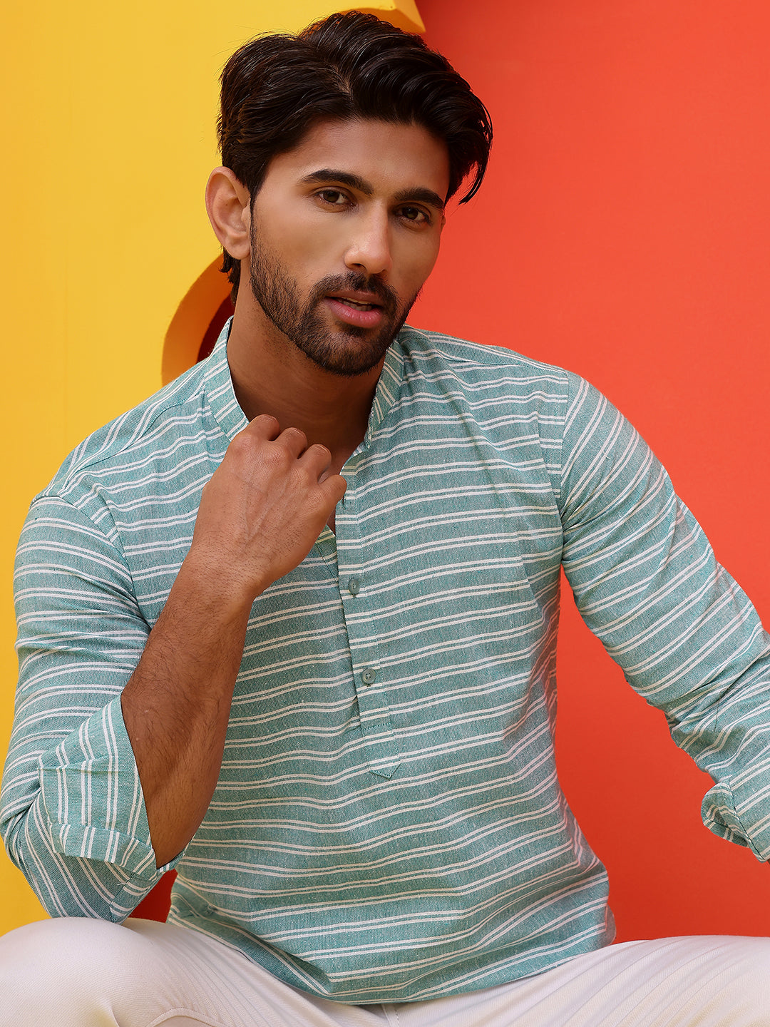 Men Striped Pure Cotton Straight Short Kurta  ( ANMKO 222Green ) [RT] [A-10]