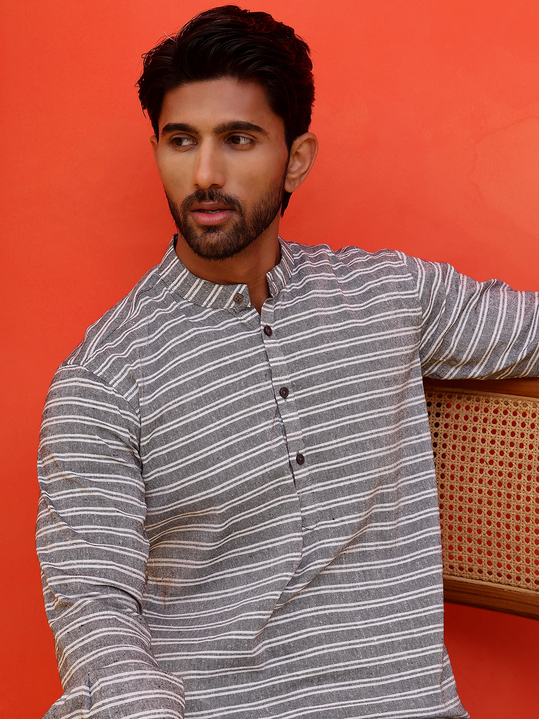 Men Striped Pure Cotton Straight Short Kurta  ( ANMKO 222Grey ) [RT] [A-10]