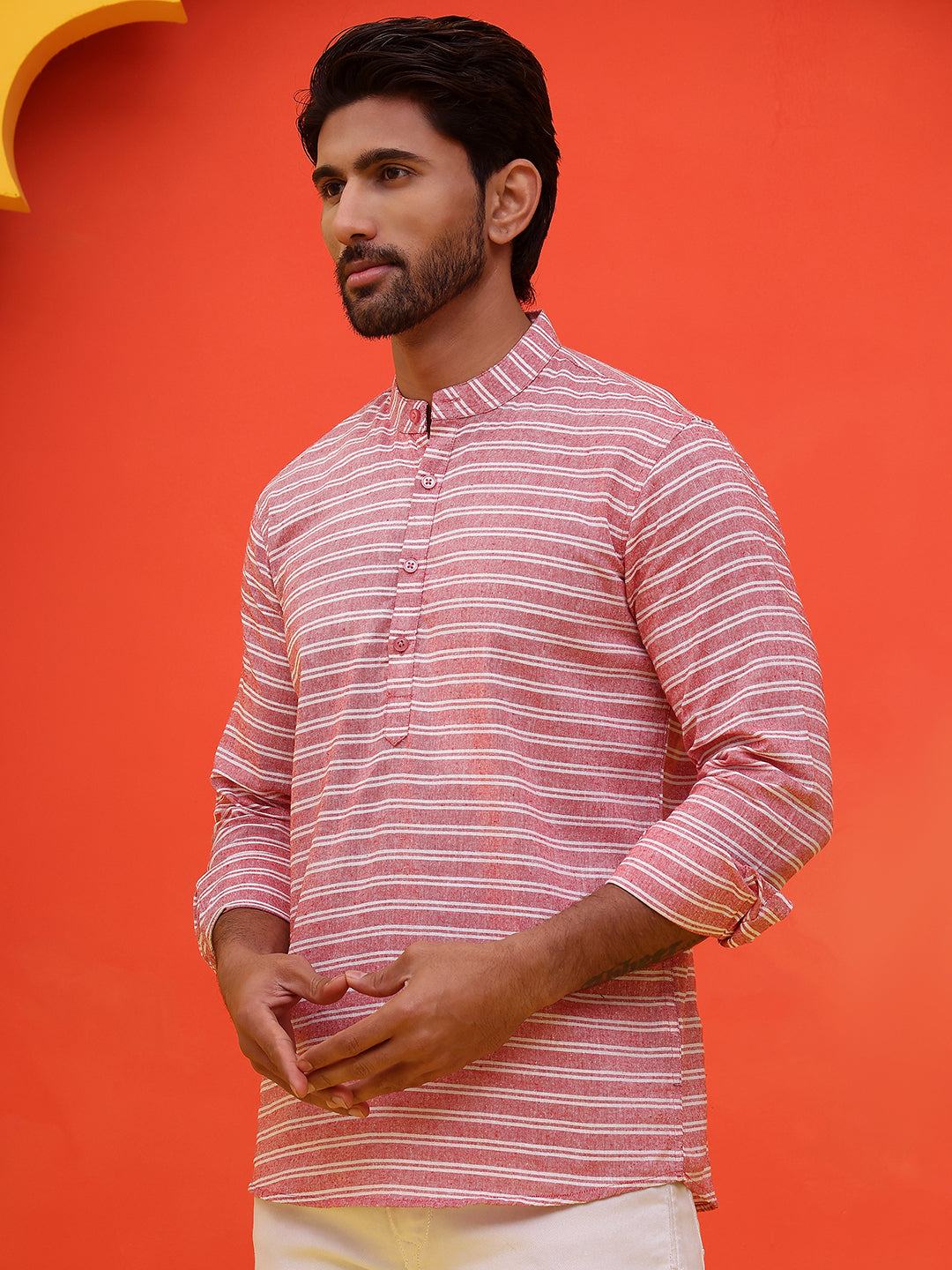 Men Striped Pure Cotton Straight Short Kurta  ( ANMKO 222Pink ) [RT] [A-10]