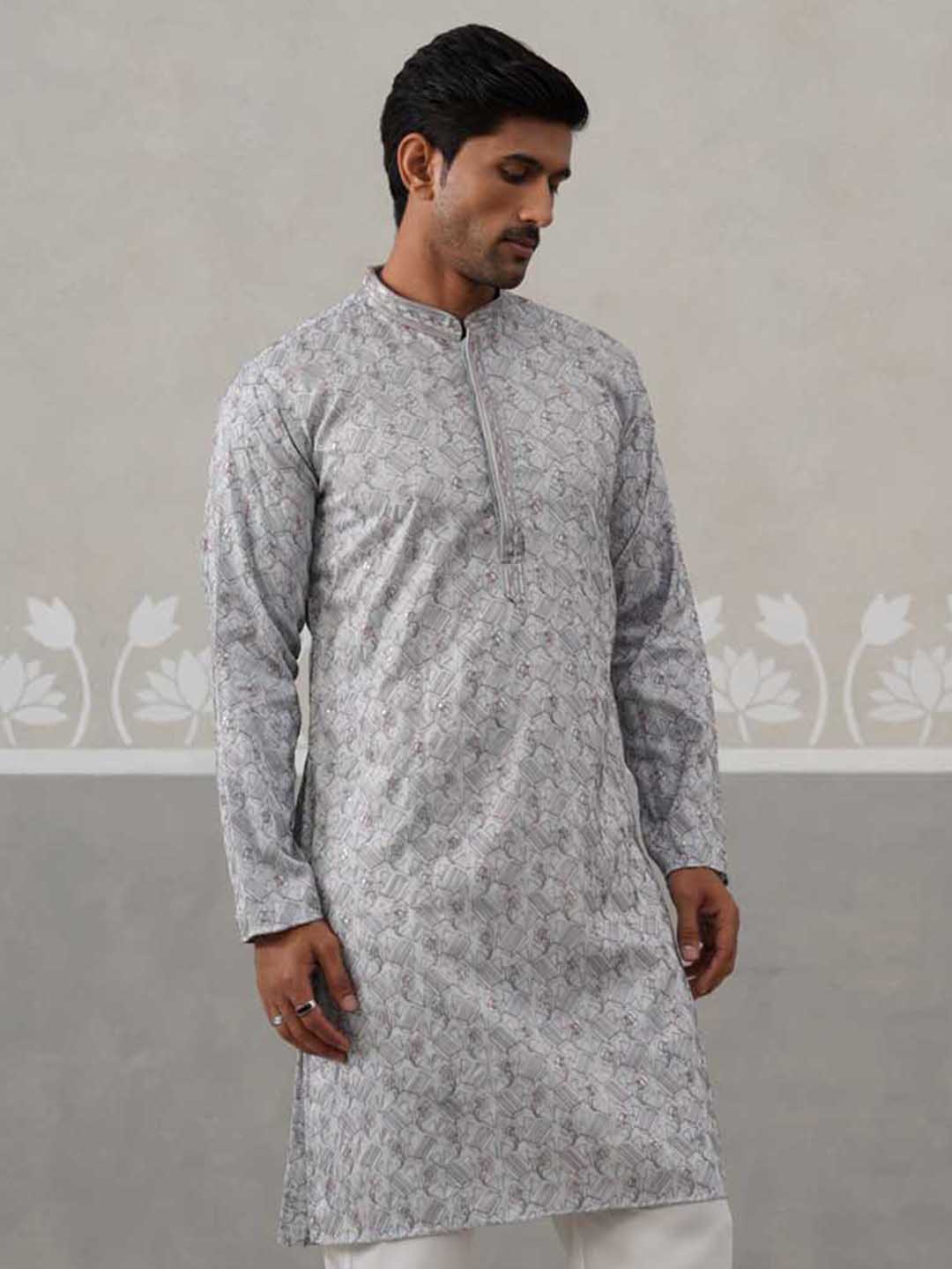 Embroidered Straight Kurta for Men ( ANMKO 237Grey )  [RT] [B-2]