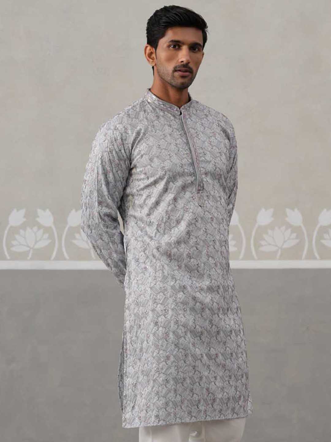 Embroidered Straight Kurta for Men ( ANMKO 237Grey )  [RT] [B-2]