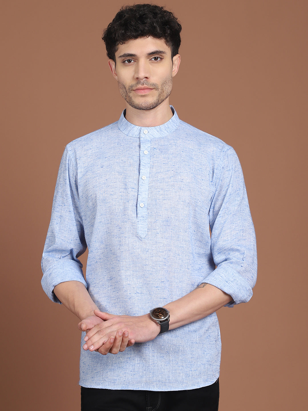 Men's Pink Linen Short Kurta ( ANMKO 248Blue ) [RT] [K-8]