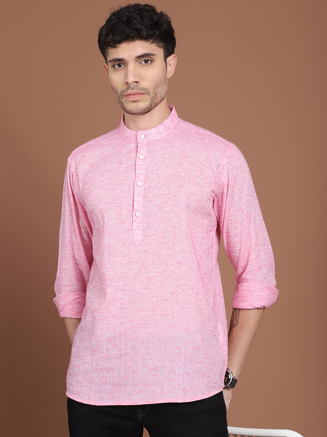 Men's Pink Linen Short Kurta ( ANMKO 248Pink ) [RT] [K-8]