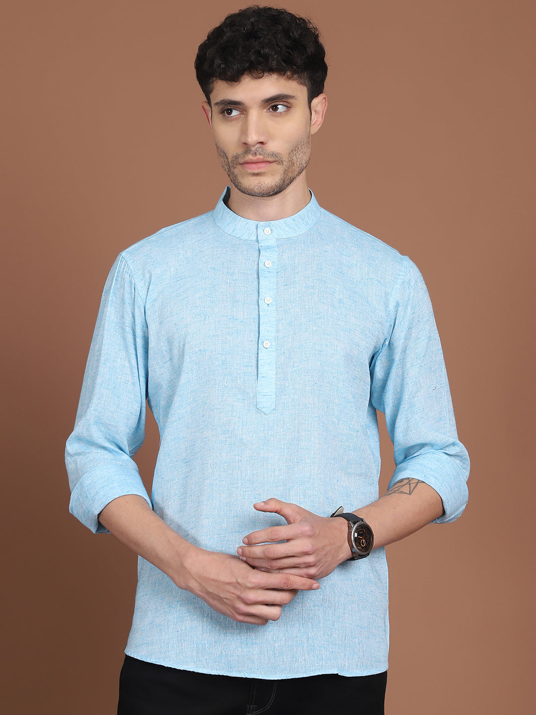 Men's Pink Linen Short Kurta ( ANMKO 248Sky ) [RT] [K-8]