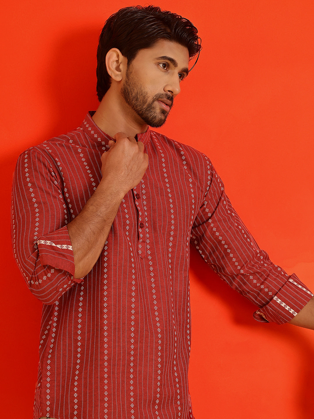 Men's Woven Design Short Kurta ( ANMKO 249Maroon ) [RT] [K-8]