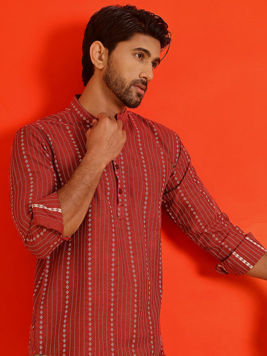 Men's Woven Design Short Kurta ( ANMKO 249Maroon ) [RT] [K-8]