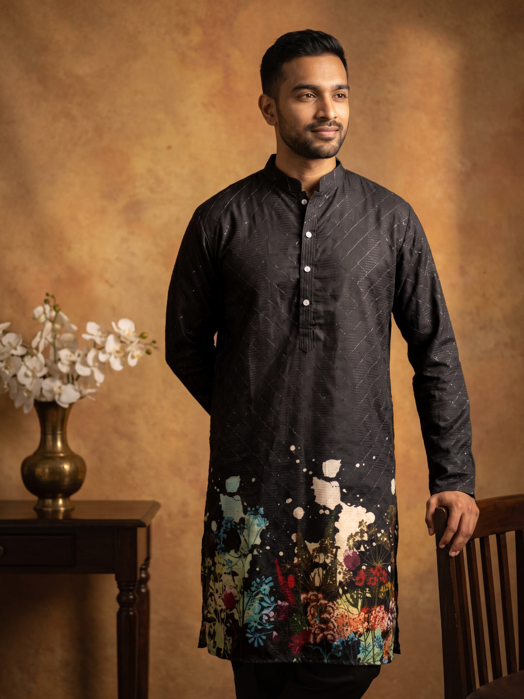 Floral Printed Black Kurta for Men ( ANMKO 266 Black )